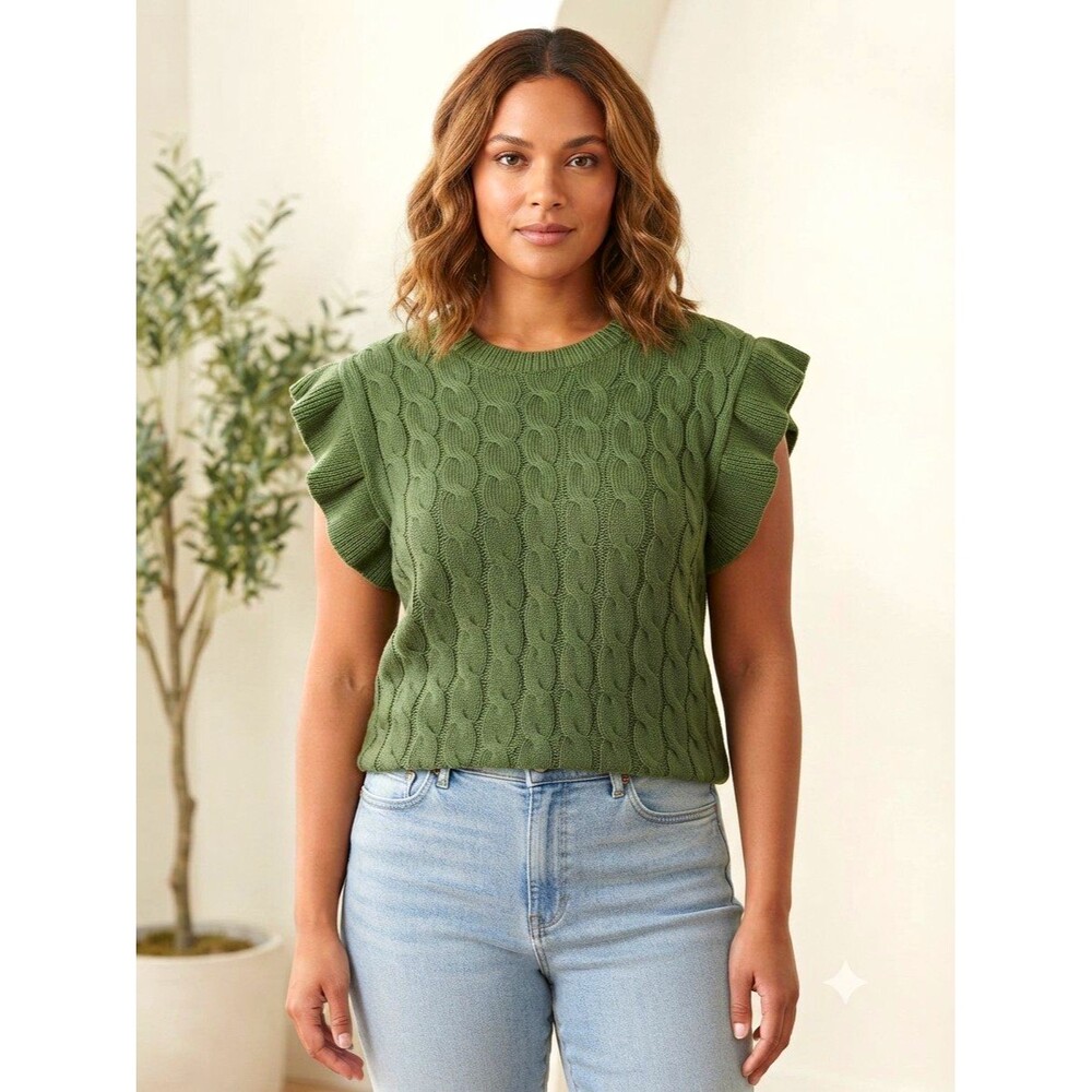 Green Cable-Knit Crew Neck Ruffle Cap Sleeve Pullover Sweater  Academia Preppy